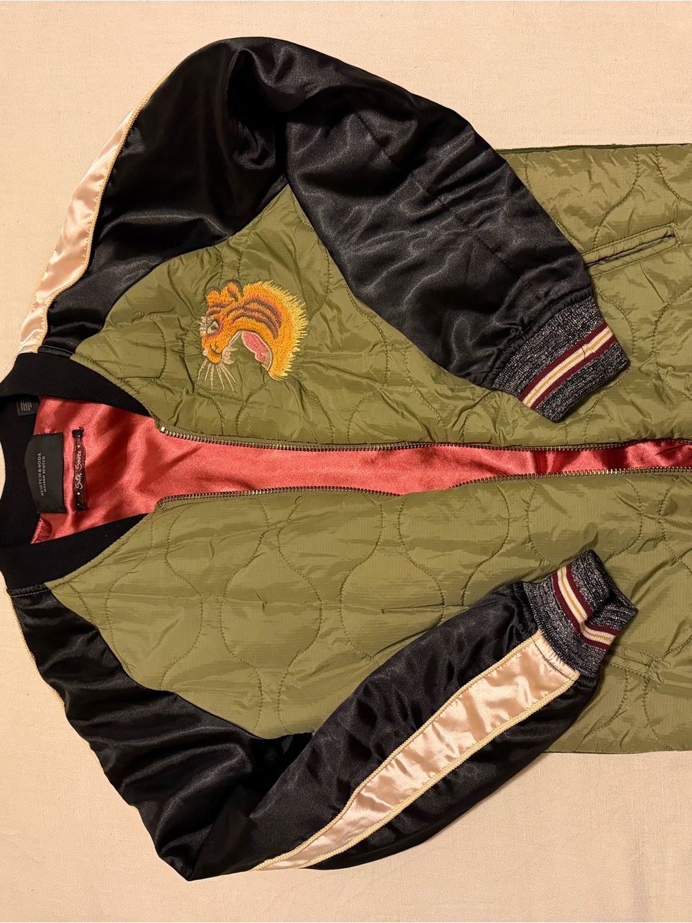 Scotch & Soda Olive Green and Black Quilted Bomber Jacket with Embroidered Eagle - Picture 3 of 5